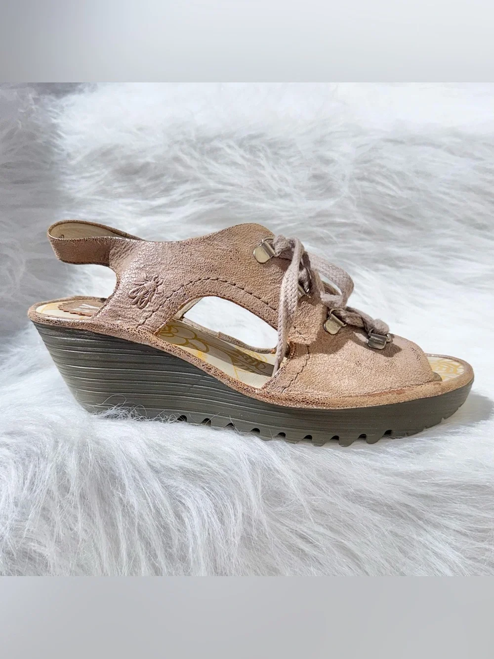 Lace-Up Metallic Taupe Wedge Sandal